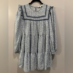 English Factory Long Sleeve Floral Ruffle Collar Dress Size S Blue Multi